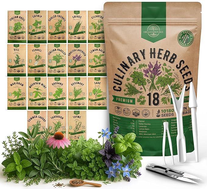 Organo Republic 18 Culinary Herbs Seeds Variety Pack - 10,180+ Heirloom, Non-GMO, Herbs Seeds for Outdoor and Indoor Home Gardening, Including Rosemary, Thyme, Oregano, Mint, Basil, Parsley