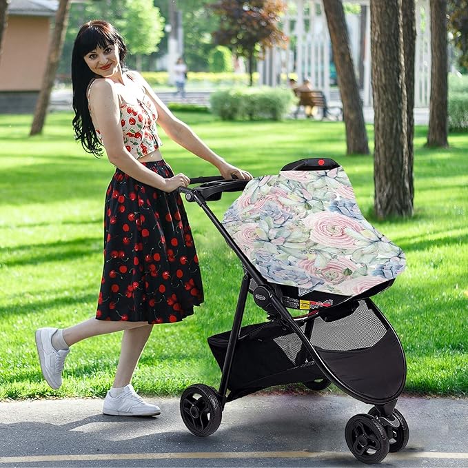Watercolor Succulents Rose Pattern Pastel Pink Succulent Plant Stretchy Baby Car Seat Cover Infant Canopy Nursing Covers Breastfeeding Cover Breathable Windproof Winter Scarf for Boys Girls