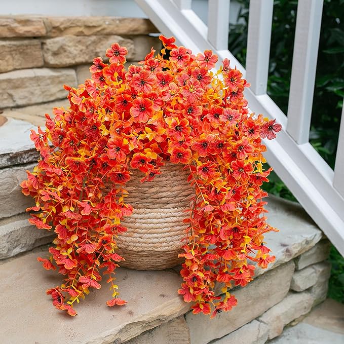 INSPRING Fall Artificial Flowers for Outdoors Fake Silk Flower, 2Pcs Red Orange Daisy Autumn Decor, Realistic Hanging Decoration Plants, UV & Fading Resistant for Porch Patio Balcony Planter