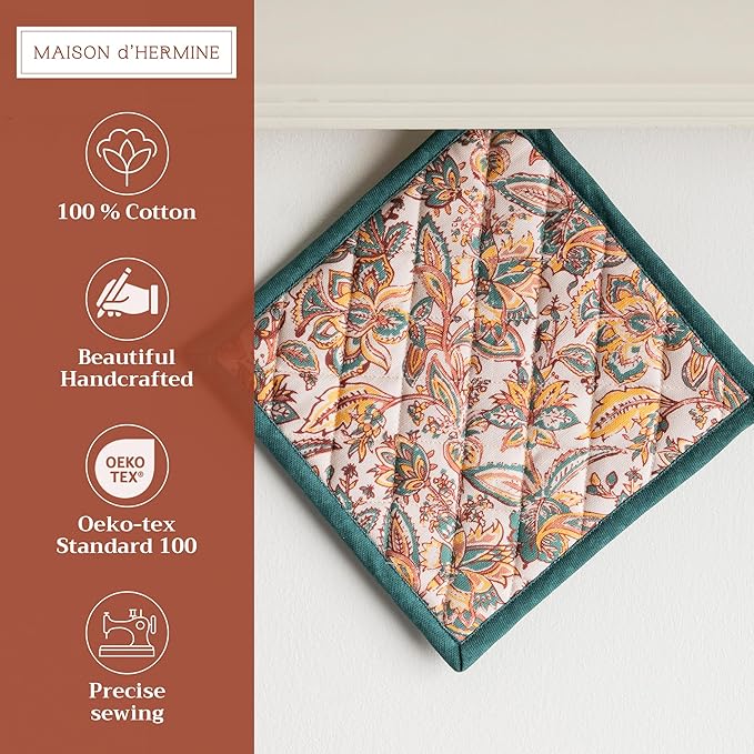 Maison d' Hermine Pot Holders 100% Cotton Heat Resistant Potholders 8" x 8" Hot Pads with Loop for Thanksgiving Christmas Decorations BBQ Cooking Baking Handling Hot Pans (Pack of 1, Nila)