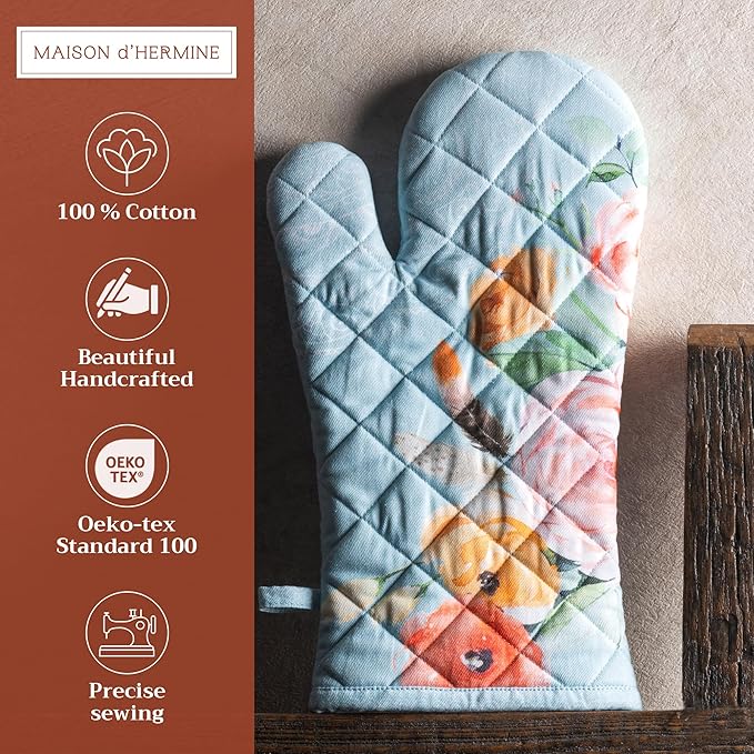 Maison d' Hermine Oven Gloves 100% Cotton Oven Mitt 7" x 13" with Loop Heat Resistant, BBQ, Cooking Gloves, Baking, Grilling, Kitchen, Handling Hot Pans Spring/Summer (Pack of 1, Ibiza)