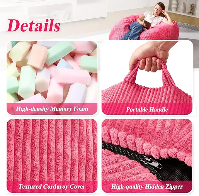 3.5FT Bean Bag Chairs Teardrop Bean Bag Chair for Adults Beanbag Chair with Memory Foam Filled Machine Washable Cover for Living Room, Bedroom (Large,Pink)
