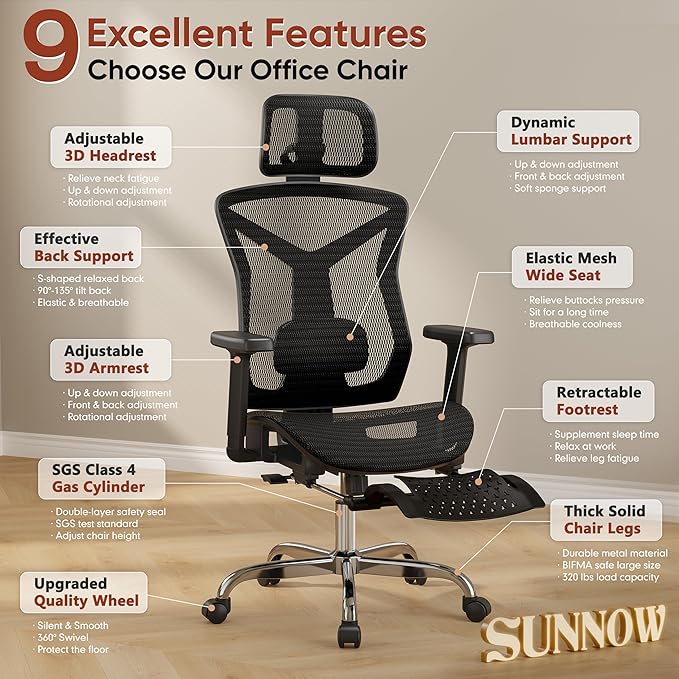 Ergonomic Office Chair with Foot Rest, Home Mesh Desk Chair with Adjustable Lumbar Support, 3D Armrest, 3D Headrest, 90°-135° Lockable Reclining Function, Comfy High Back Swivel Computer Gaming Chairs