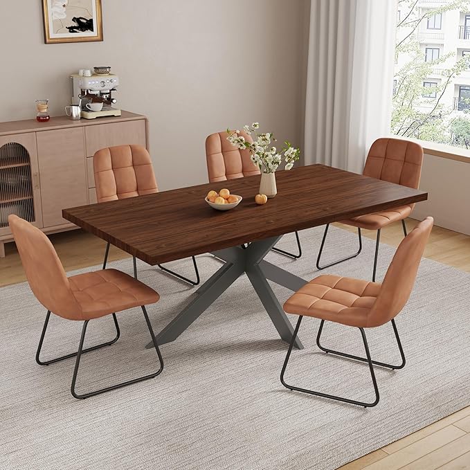 ZckyCine Expandable Dining Table Set for 6-8 People, Modern Rectangular Kitchen Table, 63"-79" Extendable, Walnut Finish, Metal Frame, 6 PU Leather Cushioned Chairs, Easy Assembly