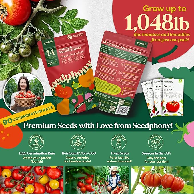 14 Tomatillo & Tomato Seeds for Planting Variety Pack - 990+ Non-GMO Heirloom Vegetable Seeds for Growing Tomato Indoor & Outdoor: Cape Gooseberry, Cherry, Flame, Roma, Beefsteak Tomatoes