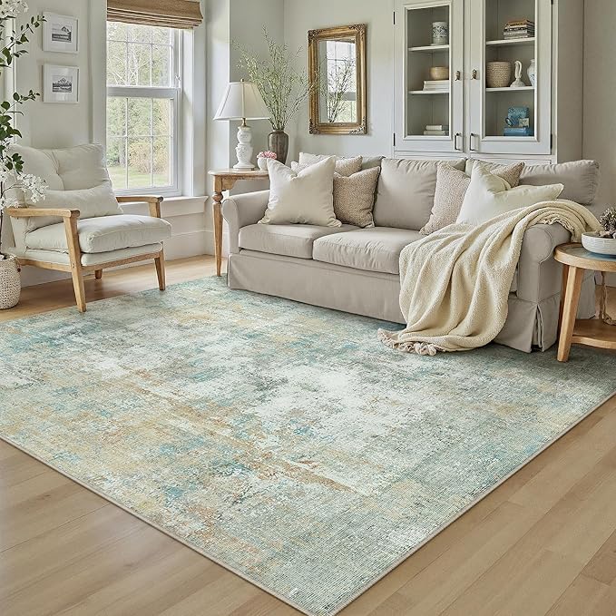 5x7 Washable Area Rug Teal Beige Modern Neutral Abstract Living Room Bedroom Indoor Floor Carpet Low Pile Soft Non-Slip Lightweight Vacuumable Throw Rug for Kitchen Nursery Dining Room