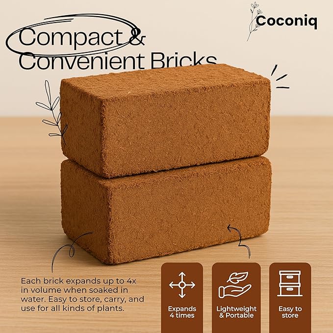 Premium Coco Coir Bricks 4 Pack - Lightweight Cocopeat for Garden Soil, Compressed Coconut Fiber Brick for Potting, Gardening, Planting, Seed Starting, Indoor & Outdoor Plants, Set of 4