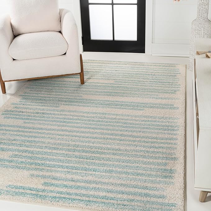 JONATHAN Y Khalil Modern Berber Stripe Cream/Turquoise Indoor Area Rug, 8x10, Contemporary, Bohemian, Easy-Cleaning for Living Room, Bedroom, Kitchen, Pet Friendly, Non-Shedding (MOH207B-8)