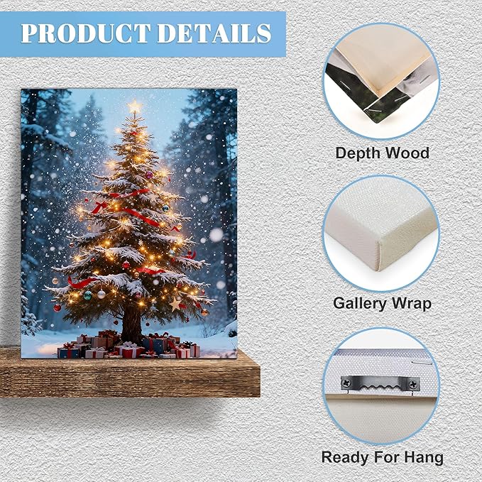 Framed Christmas Pictures Wall Decor,Vintage Pine Tree Prints,Winter Christmas Canvas Wall Art Decoration for Bedroom Bathroom Living Room Rustic Xmas Holiday Gifts (Christmas Tree 16, 12'' X 16'')