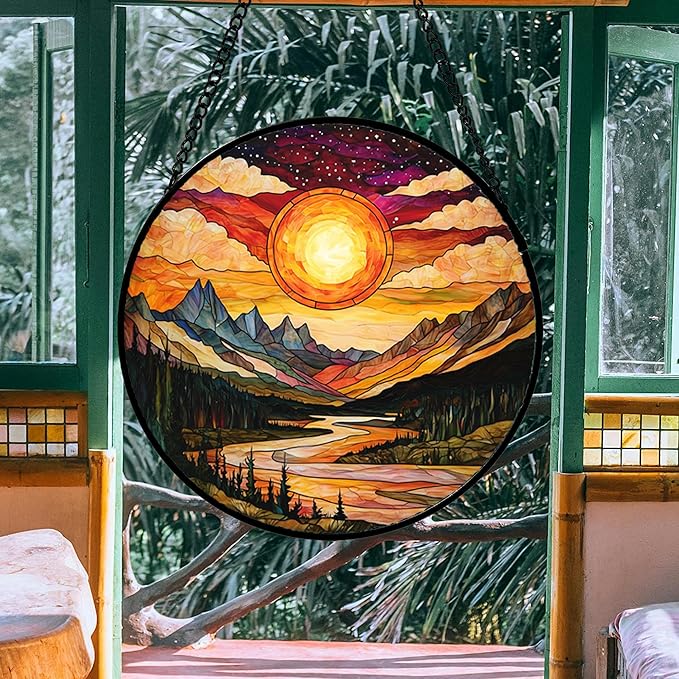 Stained Glass Window Hanging, Dusk Sunset Landscape Sun Catchers Glass Panel Lakes and Mountains Suncatcher Decor for Birthday for Women, Men, Wife, Aunt, and Mom 14.9 in