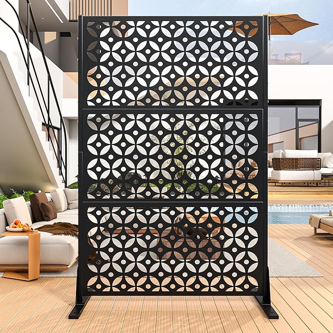 Metal Privacy Screen Outdoor, 72" H Freestanding Privacy Fence with Sturdy Stands, Decorative Privacy Panels Shield for Courtyard, Balcony, Garden and Other Indoor Places (Cross-Shaped)