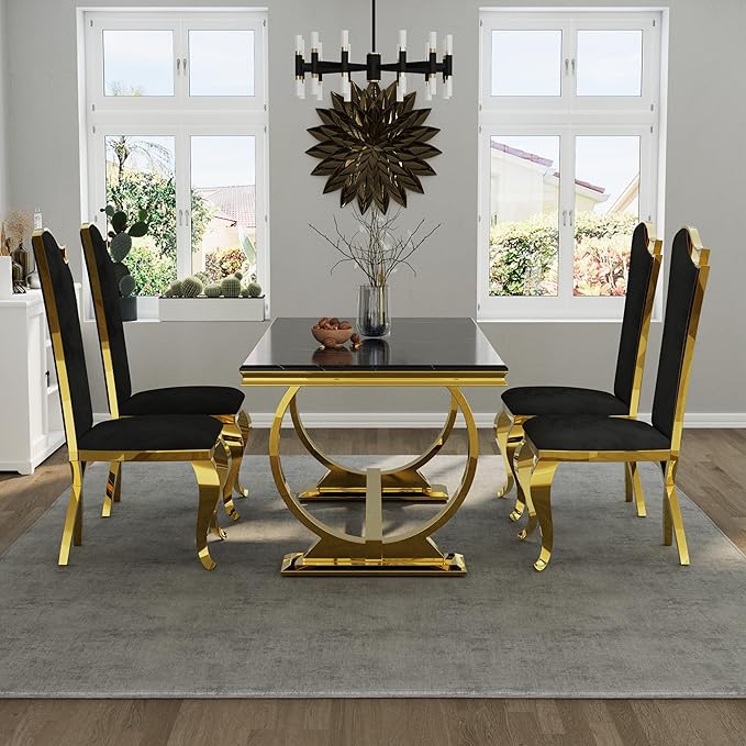 Asday Black and Gold Dining Table, 72 inch Luxury Dining Room Table with Gold Stainless Steel Metal U-Base for 4-8