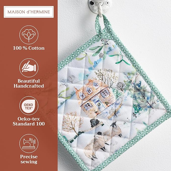 Maison d' Hermine Pot Holders Set 100% Cotton Heat Resistant Potholders 8" x 8" Hot Pads with Loop for Thanksgiving Christmas Decorations BBQ Cooking Baking Handling Hot Pans (Pack of 2, Snowy World)