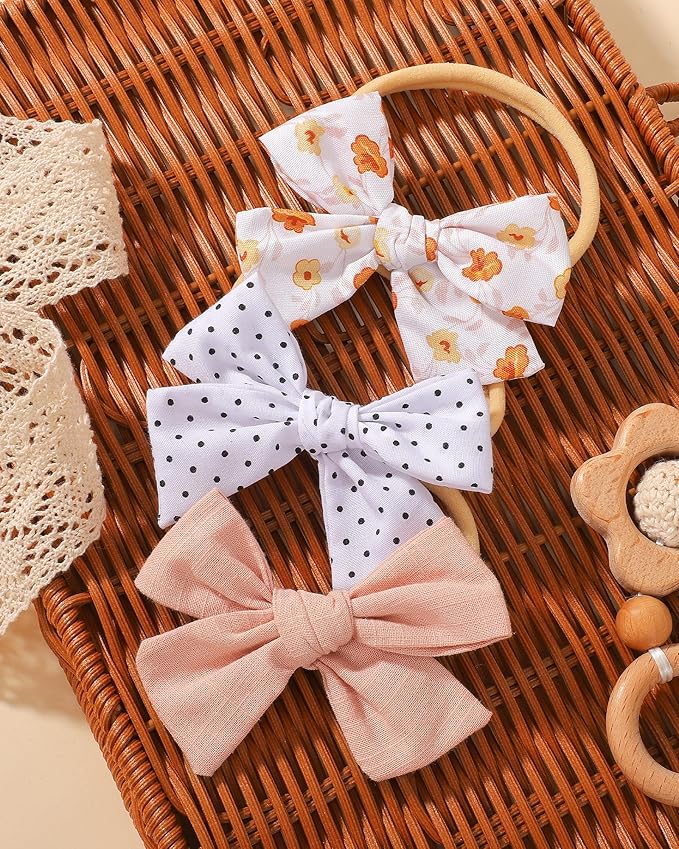 doboi 10PCS Baby Girls Headbands Hair Bows Nylon Cotton Linen Hairbands Fine Handmade Hair Accessories for Newborn Infant Toddlers Little Girls-Solid Plaid Stripe Polka Dot and Flowers