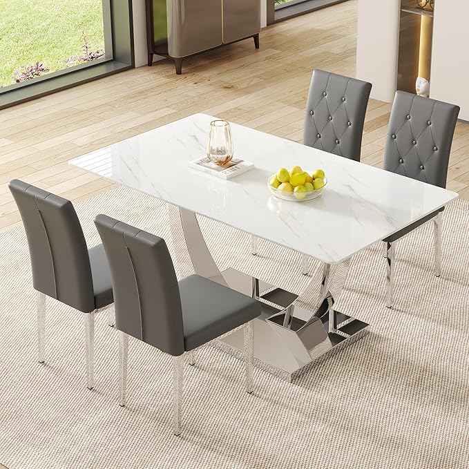 AZmac 63" Modern Dining Table Set for 4, White Dining Room Set for 4, Tempered Glass Kitchen Table and PU Leather Chairs, Marble Pattern Top with Sturdy Silver Chrome Base