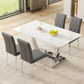 AZmac 63" Modern Dining Table Set for 4, White Dining Room Set for 4, Tempered Glass Kitchen Table and PU Leather Chairs, Marble Pattern Top with Sturdy Silver Chrome Base