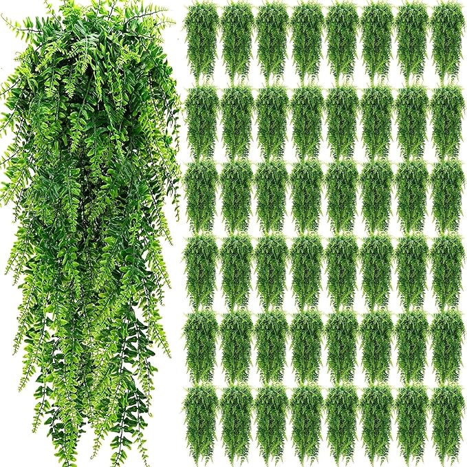 Geosar 56 Pcs Artificial Hanging Plants 32 Inch Hanging Boston Ferns Plastic Fake Plants for Wall Room Garden Wedding Garland Indoor Outdoor Decoration, No Basket