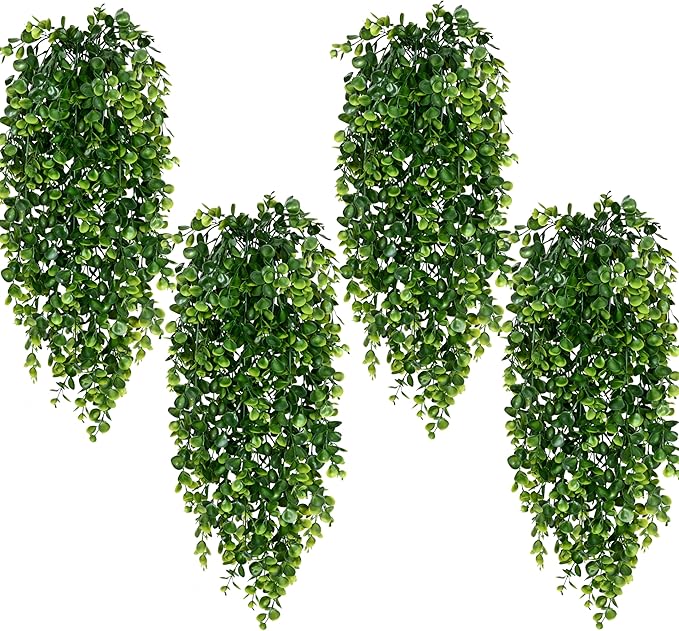 Waipfaru 4Pcs Fake Hanging Plants 2.7ft Fake Plants Eucalyptus Leaves UV Resistant Fake Vines Ivy Artificial Plants Outdoor Faux Plants Indoor Bedroom Living Room Boho Wall Porch Shelf Decor
