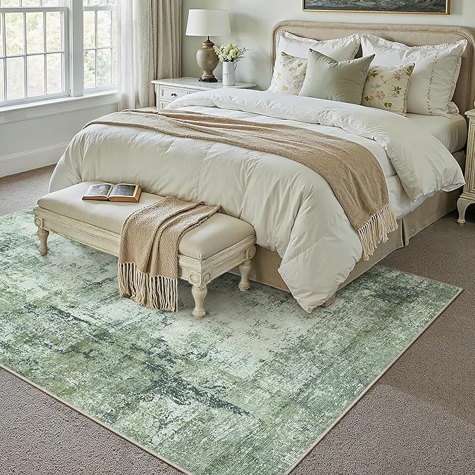 5x7 Washable Area Rug Dark Green Modern Neutral Abstract Living Room Bedroom Indoor Floor Carpet Low Pile Soft Non-Slip Lightweight Vacuumable Throw Rug for Kitchen Nursery Dining Room