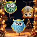 Owl Garden Decor for Outside, Stand & Tree Hugger Outdoor Owls Statues Yard Art Set of 3, Funny Metal & Glass Figurines Gifts for Grandma Mom Women
