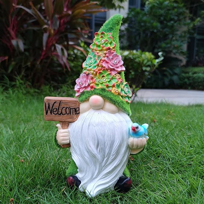 Solar Gnomes Garden Statues,Resin Gnome Figurine Holding Welcome Card and Bird with Solar Lights, Outdoor Gnomes Decorations for Yard Patio Lawn Porch, Garden Gifts