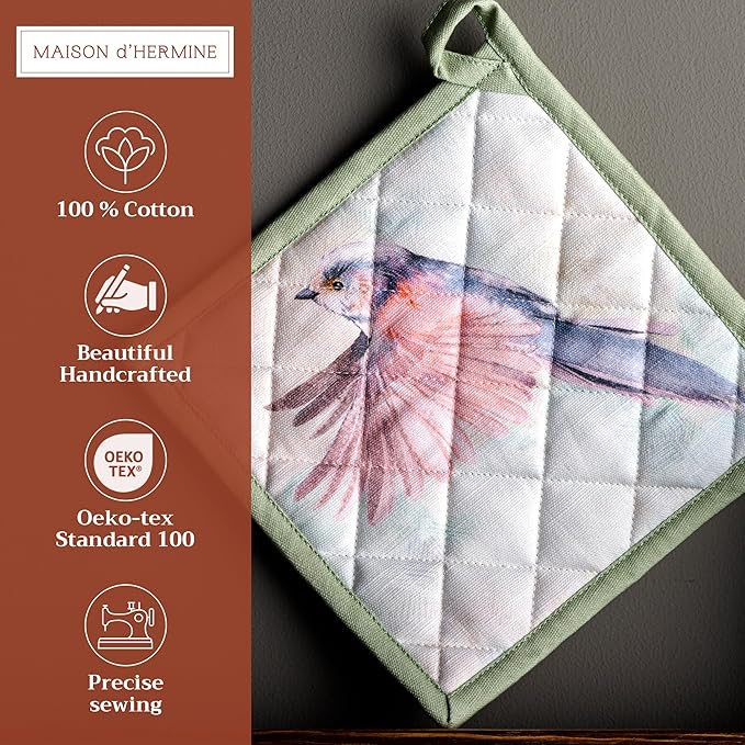 Maison d' Hermine Pot Holders Set 100% Cotton Heat Resistant Potholders 8" x 8" Hot Pads with Loop BBQ, Cooking, Baking, Grilling, Kitchen, Handling Hot Pans Spring/Summer (Pack of 2, Flying Birds)
