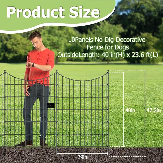 10 Panels Garden Fence Dog Fence Outdoor for Yard, 40in H x 23.6ft L Rustproof Metal Fencing with Ground Stakes | No Dig Animal Proof Containment for Pets/Rabbits | Durable Patio Security Panels