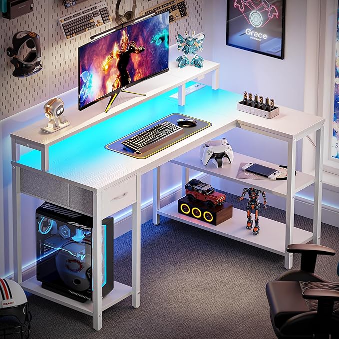 SUPERJARE 47 inch Reversible L Shaped Desk with LED Lights & Power Outlets, Computer Desk with Shelves & Monitor Stand, Gaming Desk with Drawer, Home Office Desk Corner Desk, PU White Drawer
