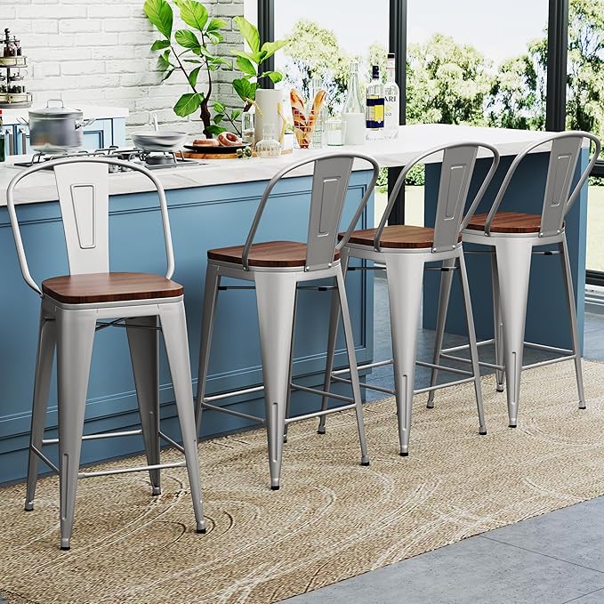 Yongqiang 26 inch Bar Stools Set of 4 Kitchen Counter Height Bar Chairs High Back Silver Metal Barstools with Large Wooden Seat