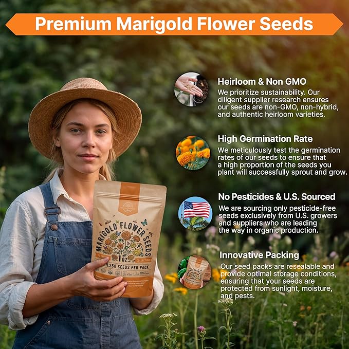Marigold Seeds Pack 1 oz - Over 9,250 Non-GMO Heirloom Marigold Seeds for Planting Indoor & Outdoor Gardening, Flower Seed for Planting Home and Garden, Flowers Seed in Individual Packet