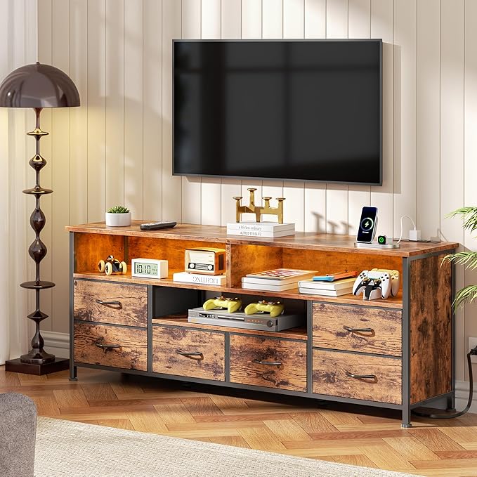 Furologee 55" LED TV Stand for Bedroom with Power Outlets, Entertainment Center with 6 Fabric Drawers for 50/55/60 inch TVs, Dresser TV Stand Long Console Media Table for Living Room, Rustic Brown