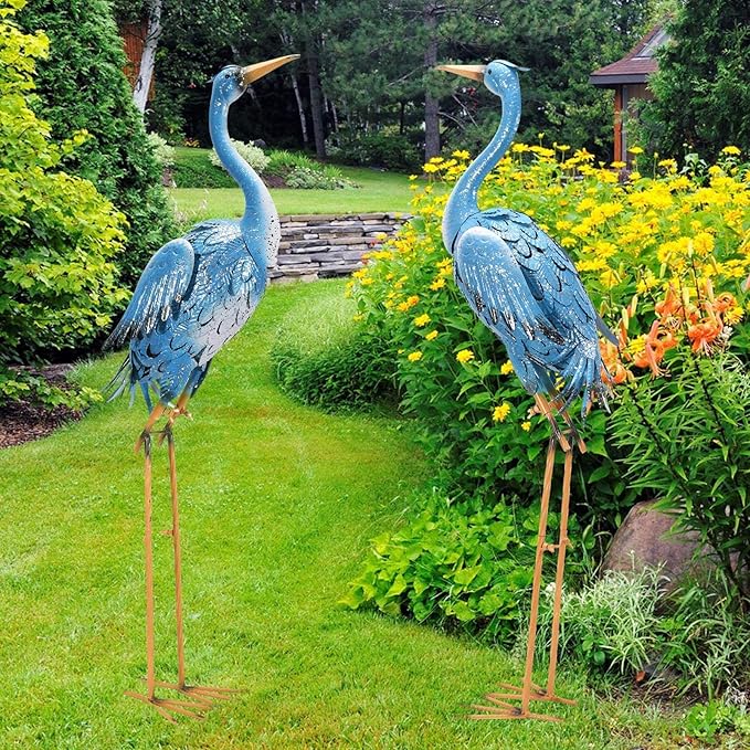 Nacome Large Standing Blue Metal Crane Garden Statue: Indoor Outdoor Heron Animal Sculpture for Patio Backyard Porch Yard Bird Art Lawn Decor - 36.6inch Gifts for Grandma Mom