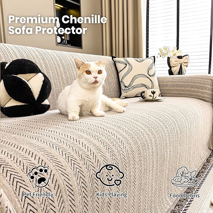 Nobildonna Sofa Cover Washable Soft Thicken Chenille Couch Cover with Tassel,Waterproof Sofa Slipcover for 3-4 Cushion Couch,Sectional Sofa,L-Shaped Furniture Protector Pet-Friendly,Brown 91"x134"