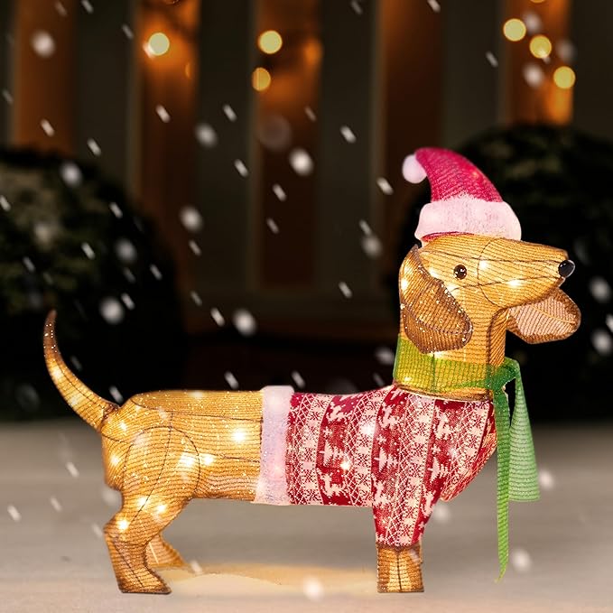 JOYIN Lighted Wiener Dog Christmas Decorations Outdoor, 40 LEDs Warm White Tinsel Dachshund Lights for Christmas Yard Decor, Light Up Xmas Lawn Ornaments with Metal Stakes for Outside Porch Garden