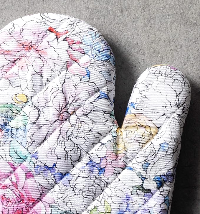 Maison d' Hermine 100% Cotton Oven Mitt & Pot Holder Set (7.5"x13" & 8"x8") Heat Resistant BBQ Cooking Gloves with Loop, Baking, Grilling, Kitchen, Handling Hot Pans Spring/Summer (Floral Love)