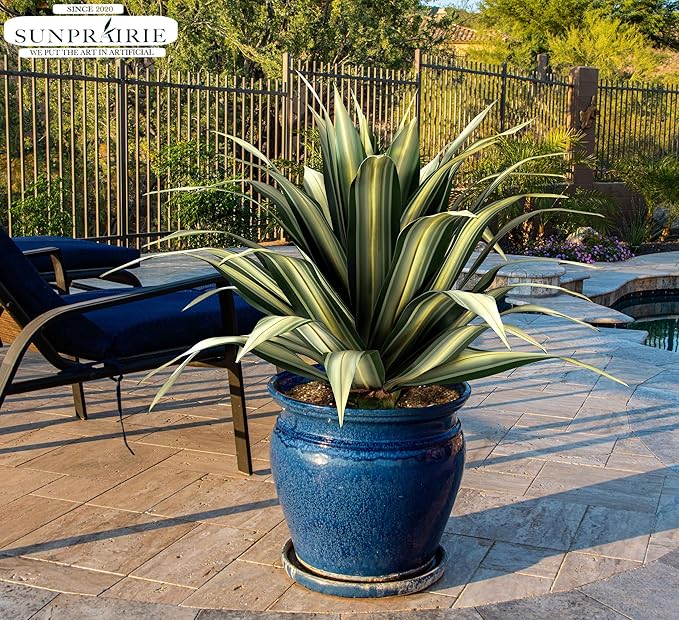 SUNPRAIRIE Life-Like Extra Large 34 Inch Tall Artificial Agave Plant. Cream Leaves with Textured Dark Green Stripes. UV Resistant Faux Plants. Outdoor and Indoor Large Artificial Plants.