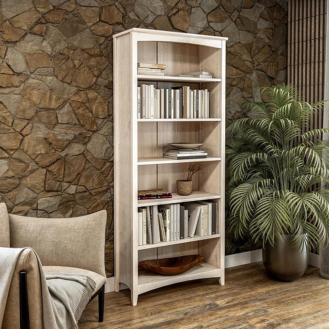 Camaflexi Shaker Style 6 Shelf Bookcase/Solid Wood / 72 inch Tall/Adjustable Shelving/Closed Back/Display Bookshelf for Living Room, Bedroom, Home and Office, Light Oak