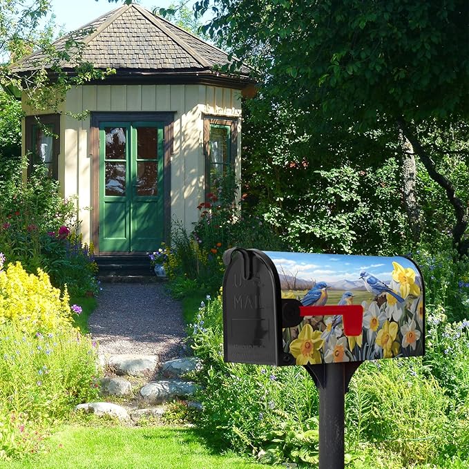 Summer Bluebirds Mailbox Covers Magnetic Spring Summer Daffodil Mail Box Post Letter Cover Bird Flowers Mailbox Wrap Farmhouse Blue Sky Mailbox Cover Standard Size 21x18 Inch