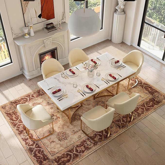 POVISON Marble Dining Table for 6, Modern Dining Room Table 71" for Kitchen & Dining Room, Luxury White Marble Table Top with Gold Trestle Pedestal(Dining Table Only)