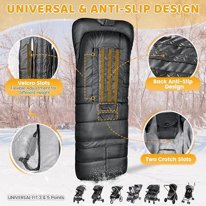 Orzbow Universal Stroller Bunting Bag with Extra Footmuff for Toddler, Kids, Warm Waterproof Stroller Blanket, Winter Cover, Baby Bunting Bag - Protect Babies from Cold Winds, Black