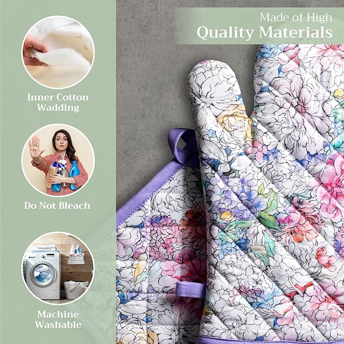 Maison d' Hermine 100% Cotton Oven Mitt & Pot Holder Set (7.5"x13" & 8"x8") Heat Resistant BBQ Cooking Gloves with Loop, Baking, Grilling, Kitchen, Handling Hot Pans Spring/Summer (Floral Love)