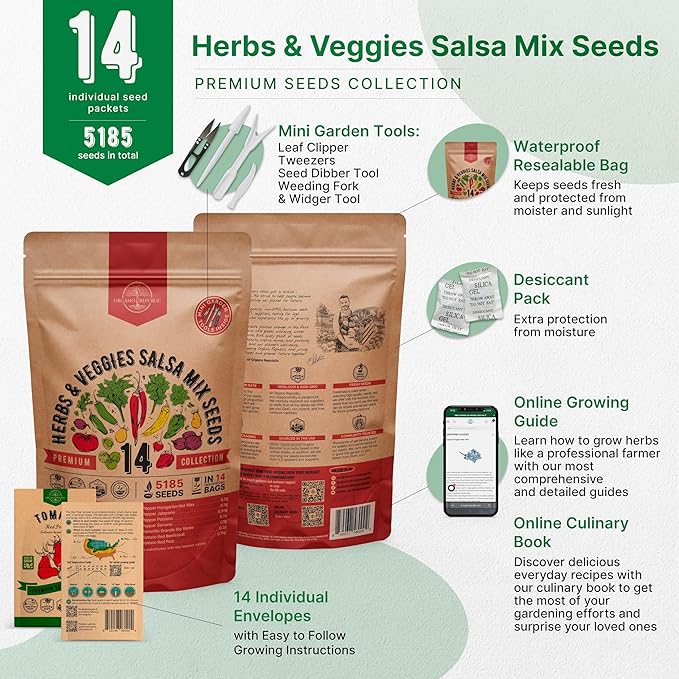 Organo Republic 14 Herbs & Veggies Salsa Mix Seeds Variety Pack - 5,180+ Non GMO Heirloom Herb, Tomato & Chili Pepper Seeds for Planting Outdoor & Indoor Home Gardening: Basil, Cilantro Onion, Peppers