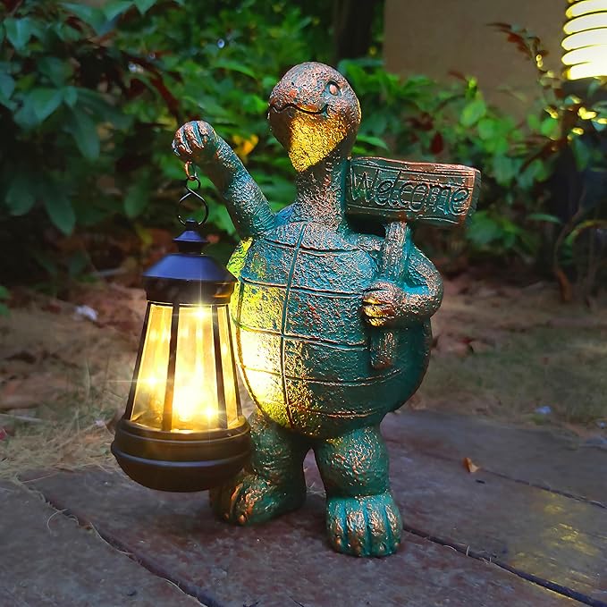 JOYBEE Garden Statues Turtle with Solar Lantern Outdoor Decor-Turtle Solar Figurines Lights Decorations for Patio Yard Lawn Ornaments-Gifts for Birthday Easter Housewarming