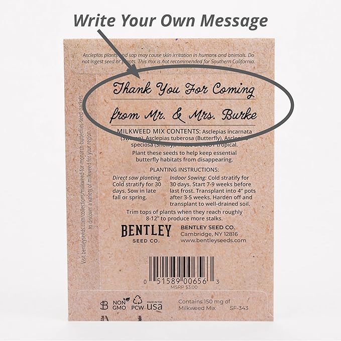 Bentley Seeds Co. Seed Packets for Planting - Party Favors for Indoors and Outdoors Gardening - Non GMO, Non-Coated - Bulk Pack of 25 Milkweed (Common, Showy & Butterfly Mix)