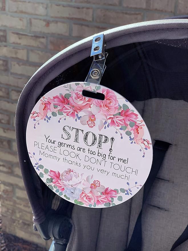 (Three Little Tots) No Touching Baby Car Seat and Stroller Two Pack- Baby Safety No Touching Car Seat Sign, Stroller Sign, Newborn Car Seat Tag- CPSIA Safety Tested (Flower/Eucalyptus)
