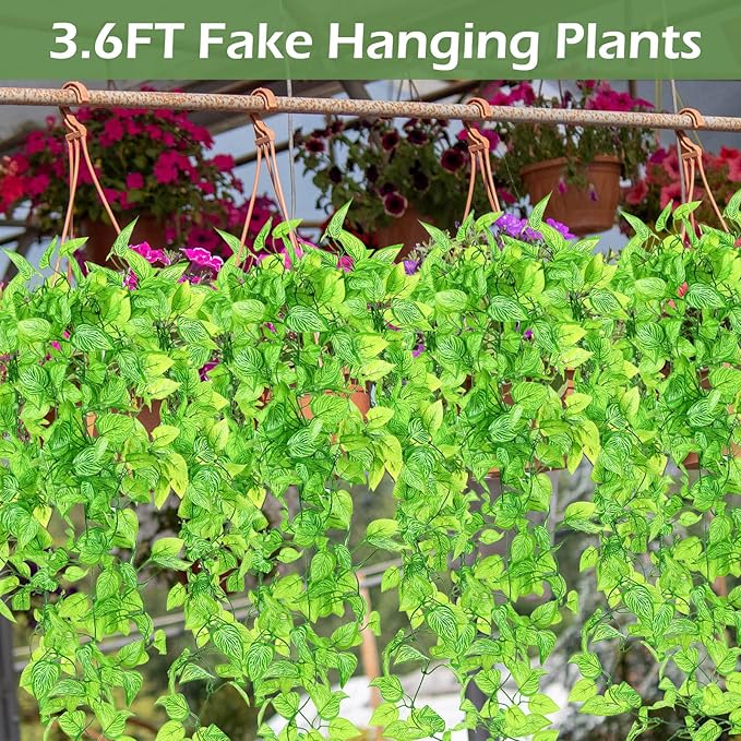 Hoteam 12 Pcs Artificial Hanging Plants 32 Inch Fake Ivy Vines with Fake Leaves Patio Artificial Plants Greenery for Living Room Indoor Outdoor Wall, No Basket (Marble Queen Pothos)