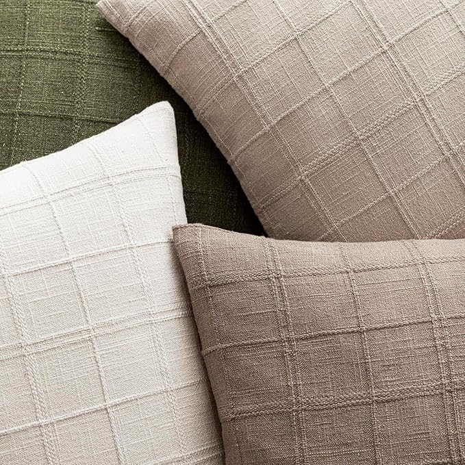 Foindtower Set of 2 Decorative Linen Check Throw Pillow Covers Neutral Farmhouse Vintage Cushion Covers Modern Boho Home Decor for Sofa Chair Couch Bedroom Living Room Outdoor,24×24 Inch,Tan Taupe
