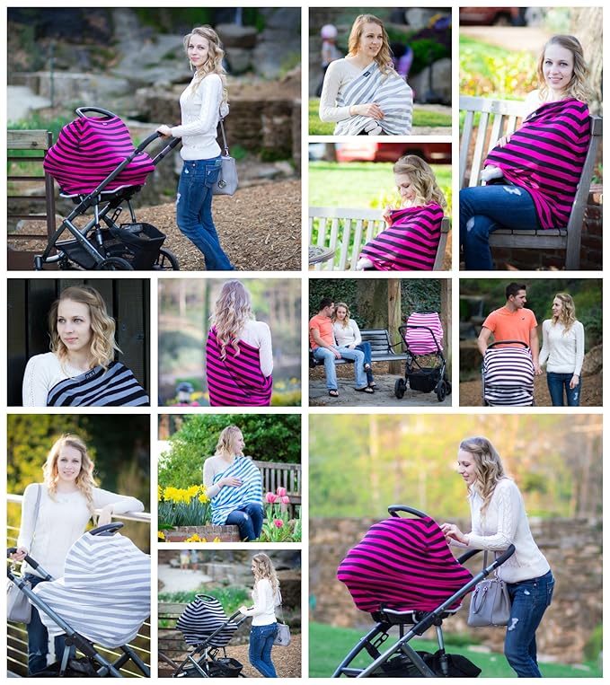 JLIKA Baby Car Seat Covers - Stretchy Infant Canopy and Nursing cover for breastfeeding newborns infants babies girls boys best shower gift maternity apron infinity scarf carseats (Yellow/Grey Stripe)