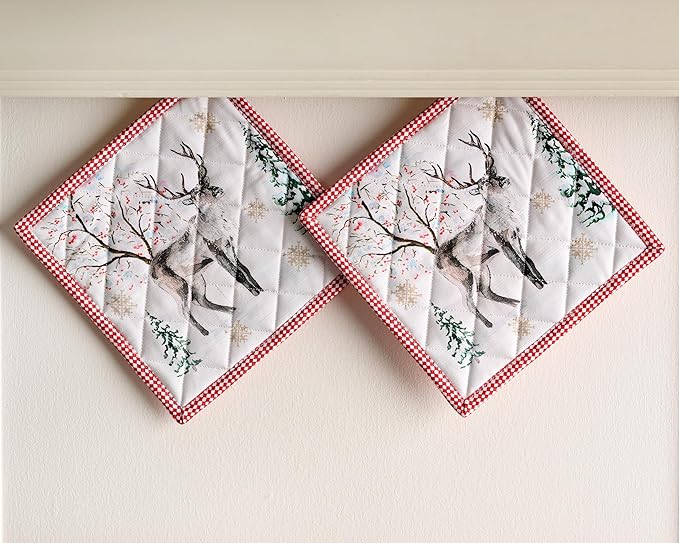 Maison d' Hermine Pot Holders Set 100% Cotton Heat Resistant Potholders 8" x 8" Hot Pads with Loop for Thanksgiving Christmas Decorations BBQ Baking Handling Hot Pans (Pack of 2, Rural Christmas)