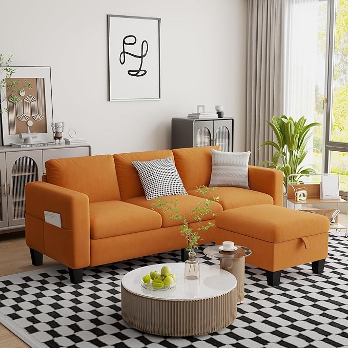 ZeeFu Convertible Sectional Sofa Couch,Classic 3 Seat L-Shaped Sofa Set with Movable Ottoman, Modern Orange Velvet Upholstered Small Sectional Sofa Couch for Small Space Apartment Living Room Office